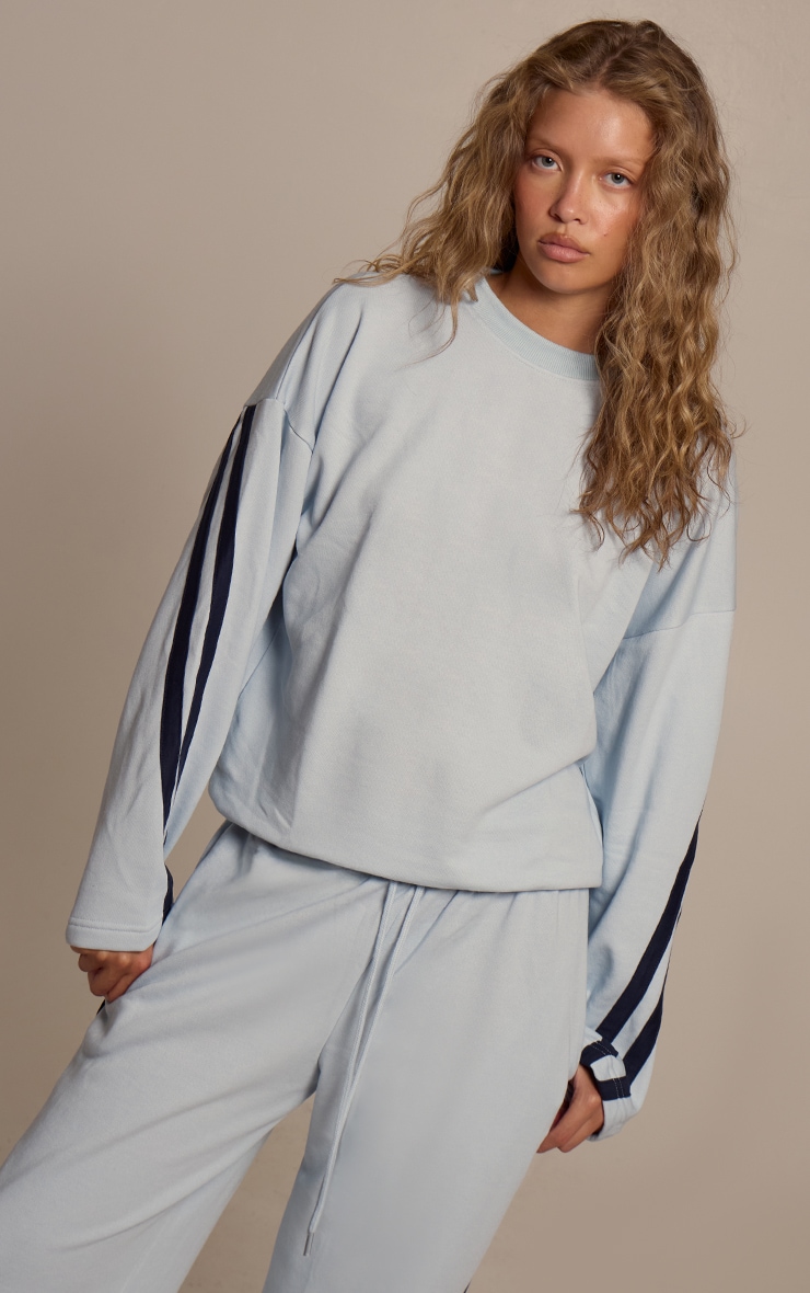 Blue Contrast Striped Oversized Sweatshirt image 4
