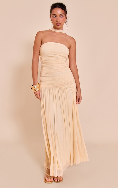 Cream Ruched Scarf Dropped Waist Maxi Dress