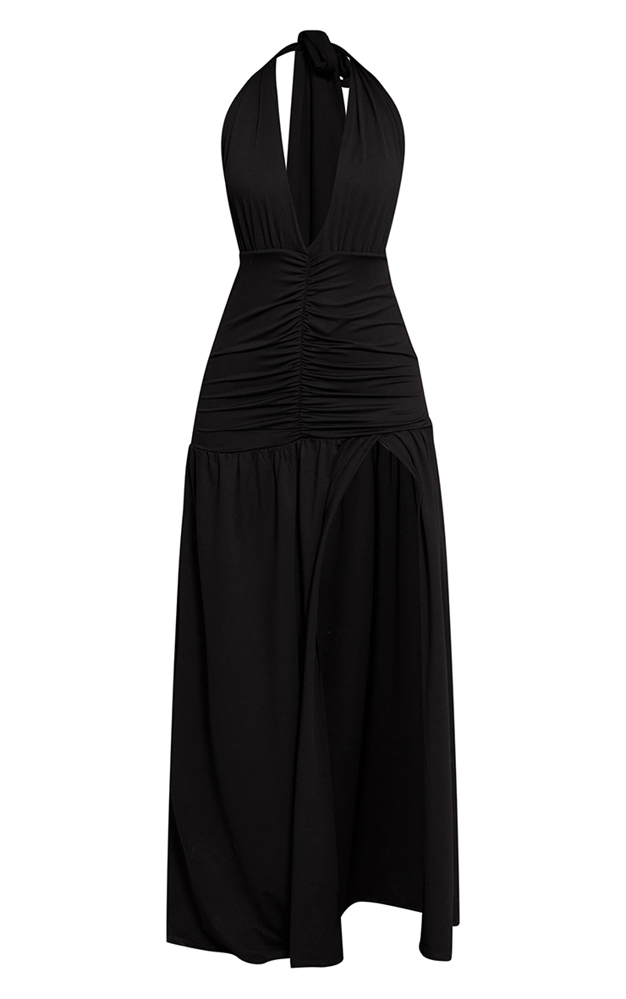 Petite Black Double Slinky Halterneck Ruched Maxi Dress image 5