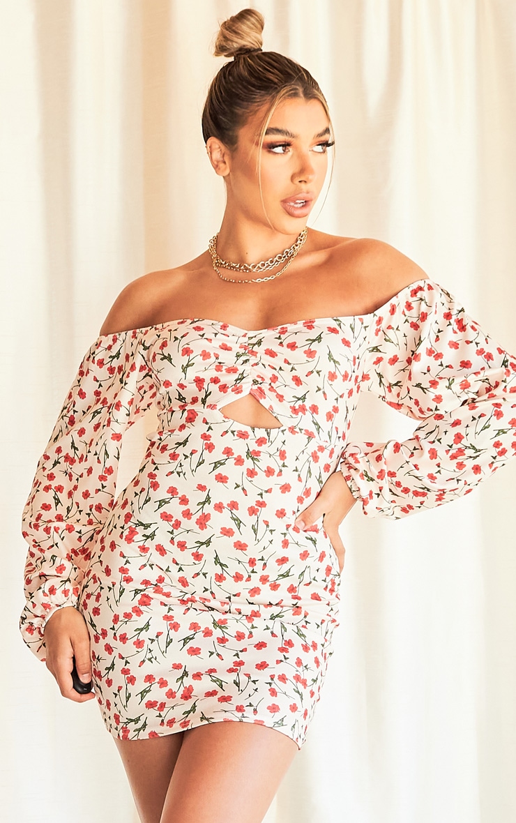 Robe droite crème imprimé petites fleurs à buste froncé et détail lien