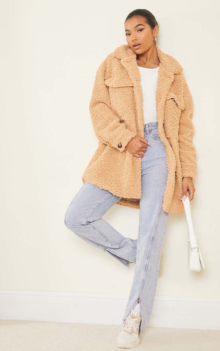 Camel Faux Shearling Oversized Longline Shacket image 3