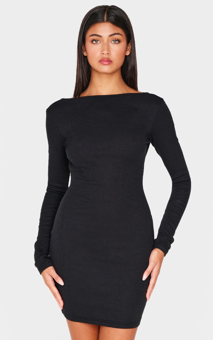 Black Ribbed Low Back Long Sleeve Bodycon Dress image 1