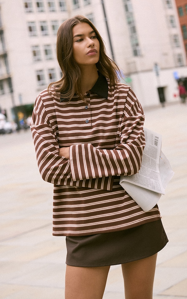 Chocolate Stripey Collar Detail Long Sleeve Rugby Top 