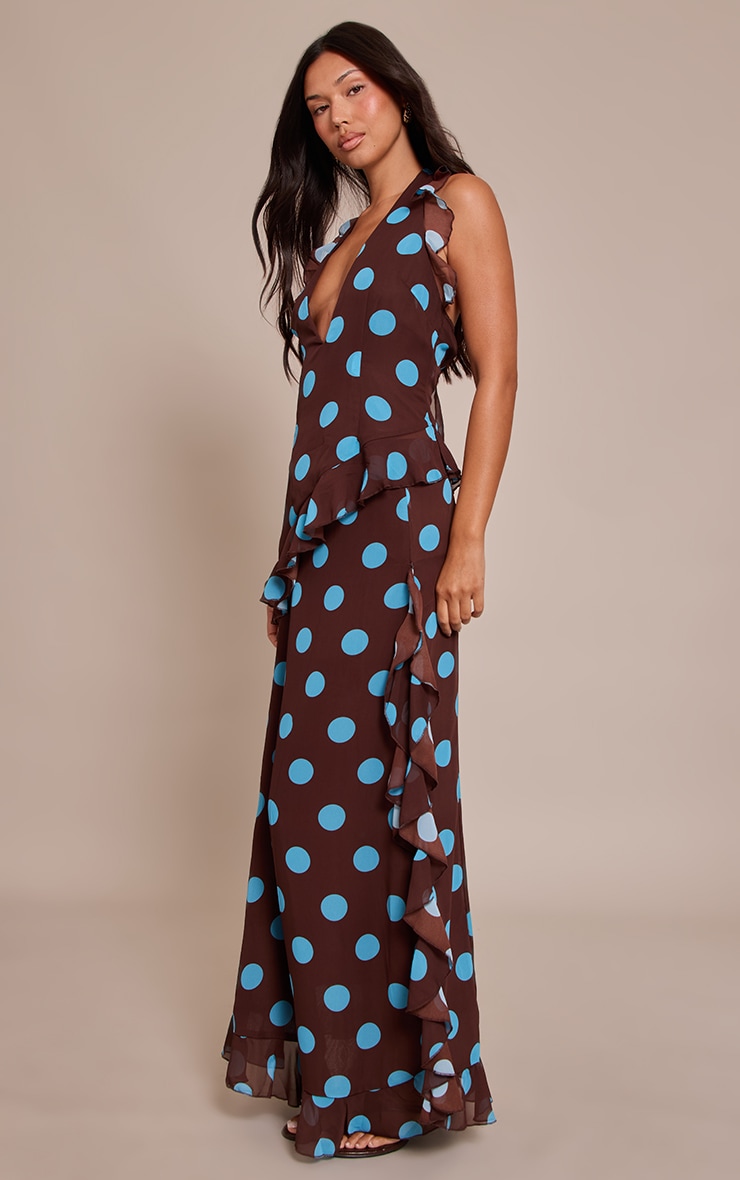 Brown Polka Dot Chiffon Ruched Drop Waist Maxi Skirt image 1