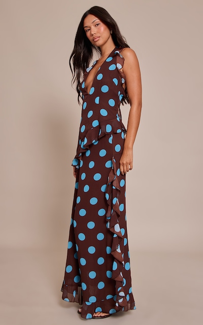 Brown Polka Dot Chiffon Ruched Drop Waist Maxi Skirt