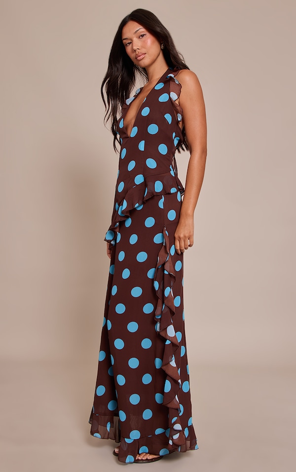 Brown Polka Dot Chiffon Ruched Drop Waist Maxi Skirt