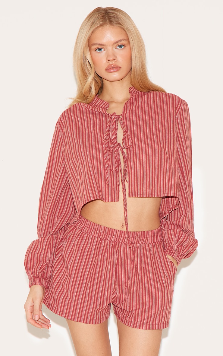 Red Striped Linen Look Floaty Shorts image 4