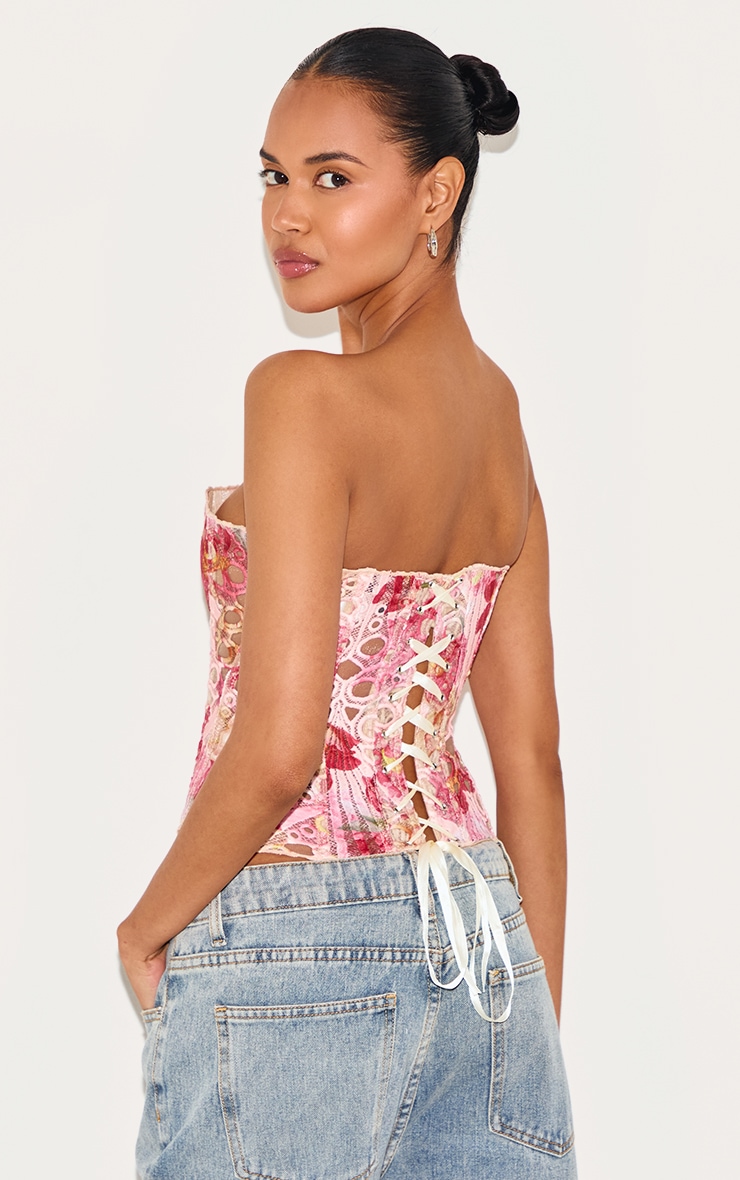 Pink Textured Sheer Floral Lace Corset image 2