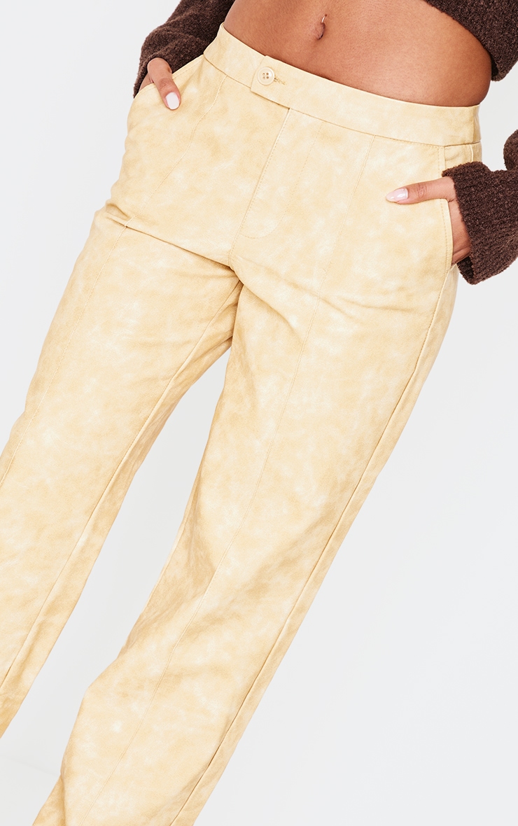 Premium Mustard Washed Faux Leather Pintuck Detail Straight Leg Trousers image 4