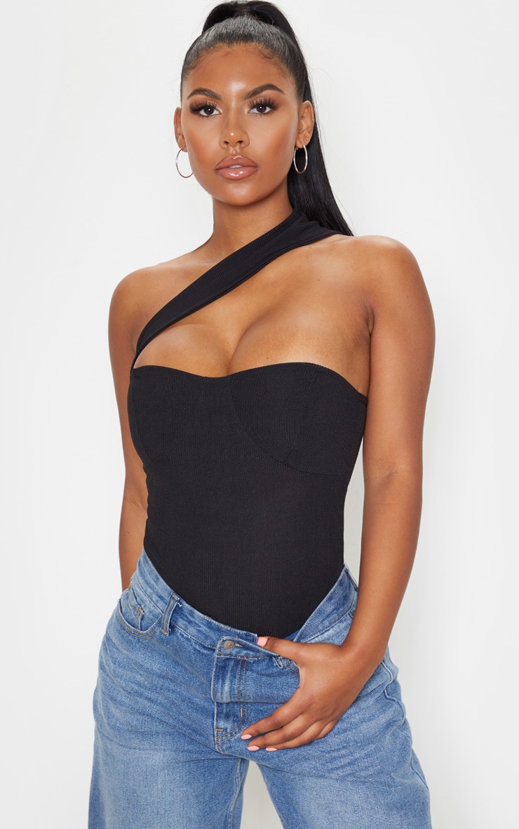 Black Rib Cross Body Strap Bodysuit image 1