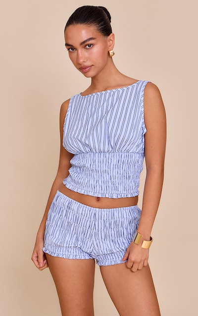 Blue Striped Shirred Waist Top