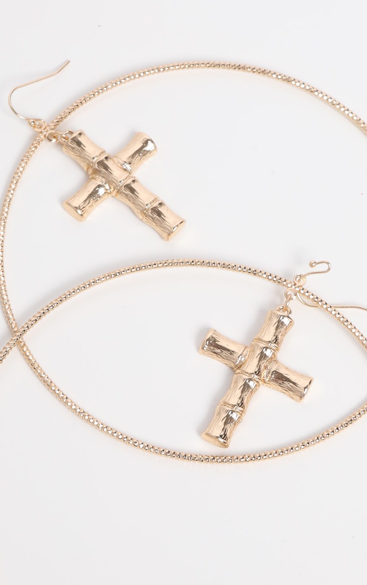 Gold Extra Large Cross Pendant Hoop Earrings