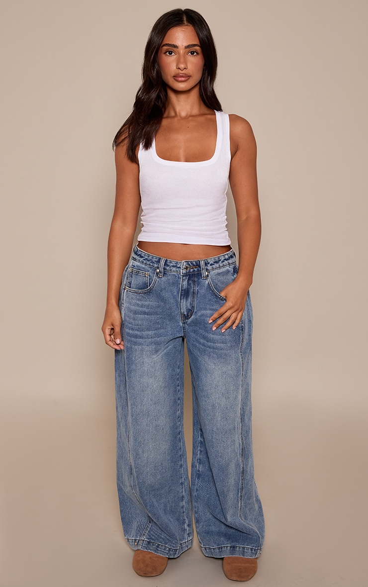 Petite Mid Blue Denim Side Pleated Detail Wide Leg Jeans image 1