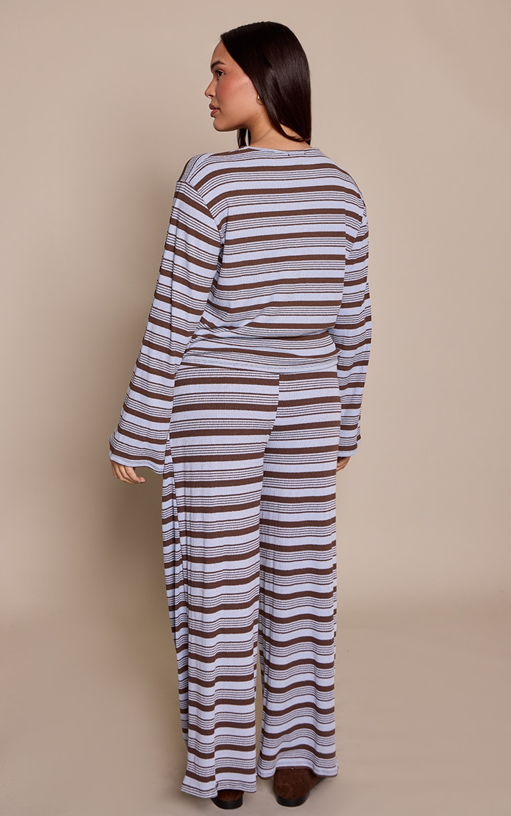 Plus Blue Textured Stripe Detail Drawstring Wide Leg Trouser image 3