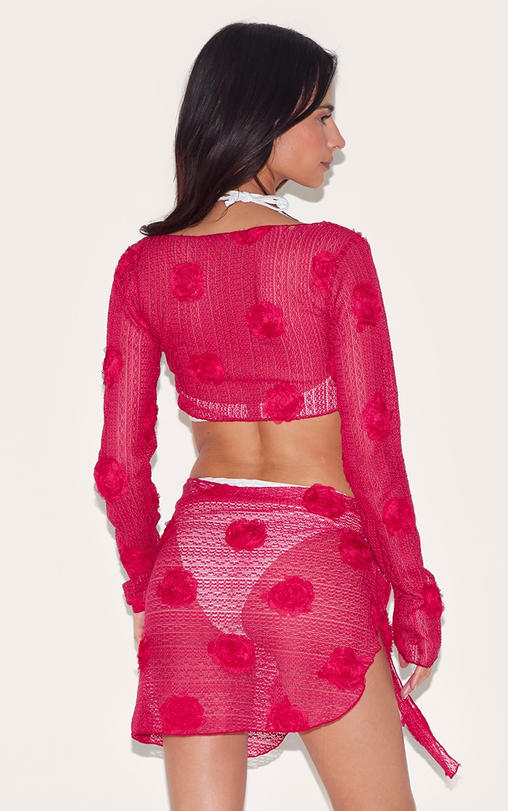 Red Textured Flower Trim Tie Front Beach Top image 2