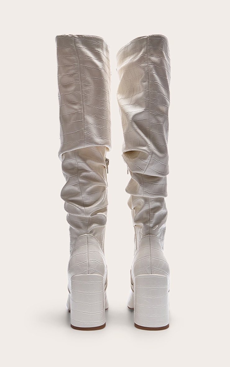 White Pu Croc Round Toe Ruched Knee High Block Heeled Boots image 3