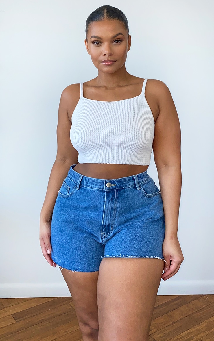 Plus Cream Knit Strappy High Neck Crop Top