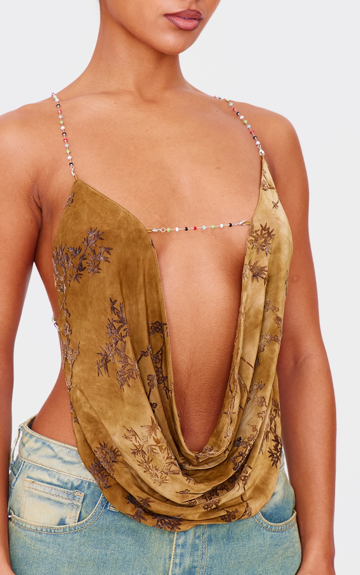 Khaki Devore Cowl Neck Beaded Detail Top image 4