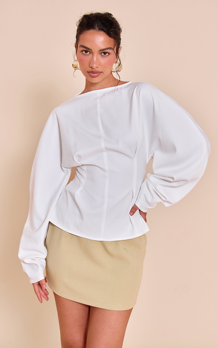 White Woven Boatneck Fitted Blouse image 1