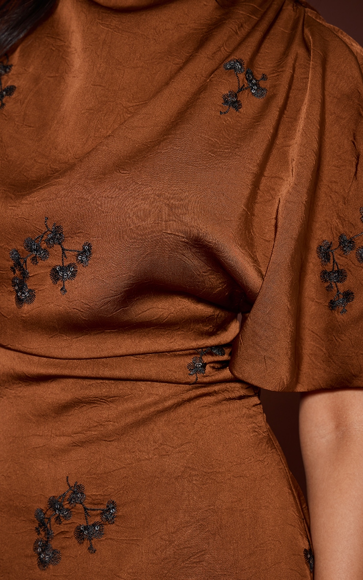 Brown Satin Embroidered Mini Dress image 4