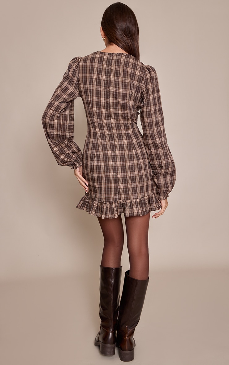 Khaki Check Ruched Bust Long Sleeve Shift Dress image 2