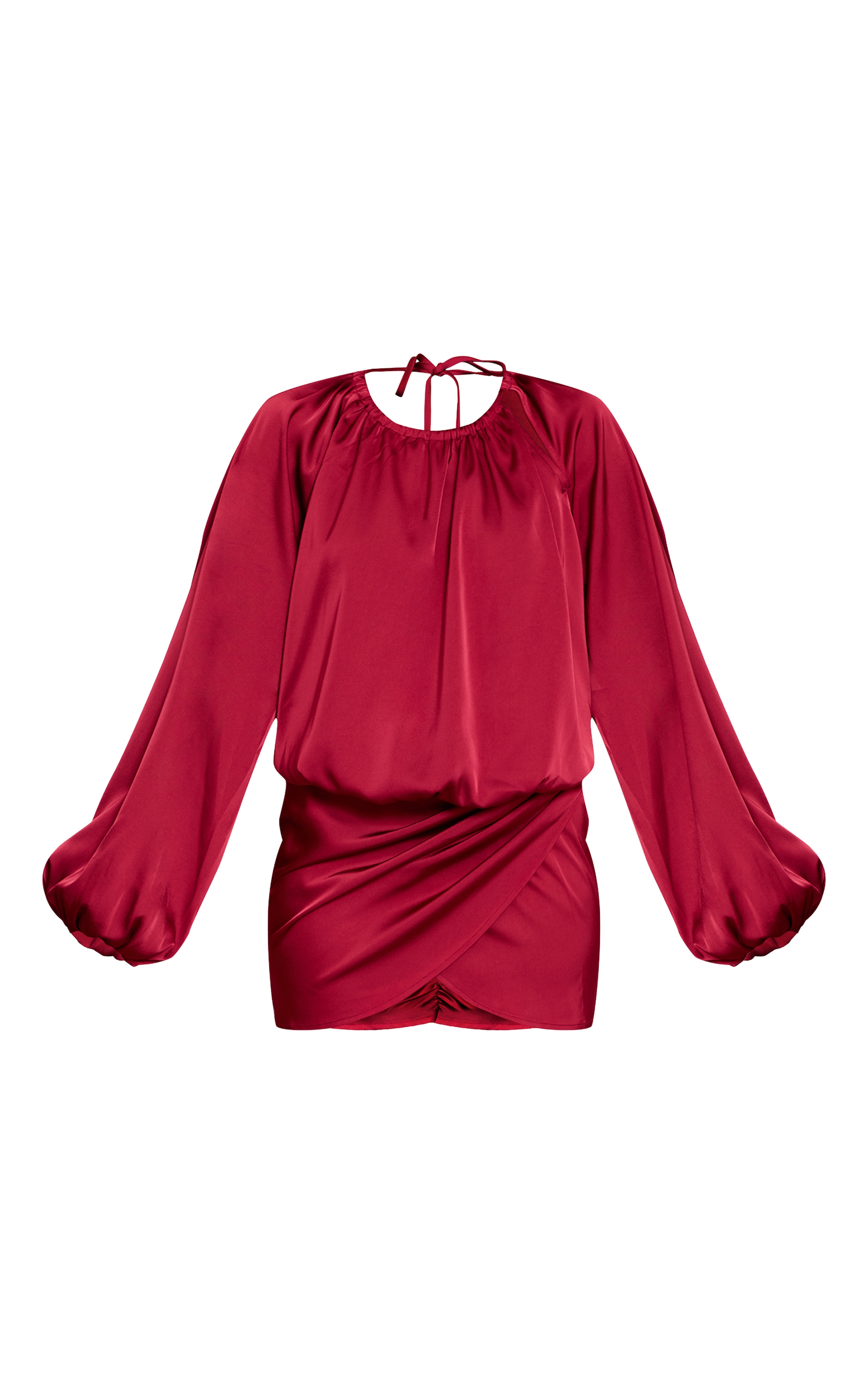 Burgundy Satin Wrap Ruched Long Sleeve Mini Dress image 5