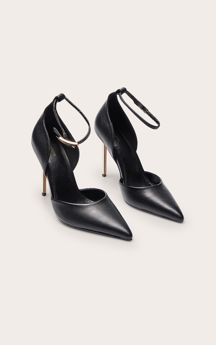 Black PU Gold Heel Stiletto Court Heels image 3