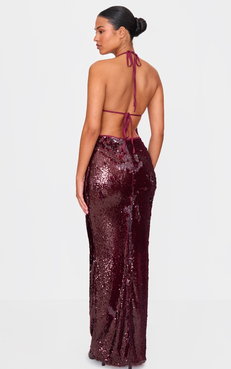 Tall Robe dos nu longue rouge foncé à sequins et décolleté image 2