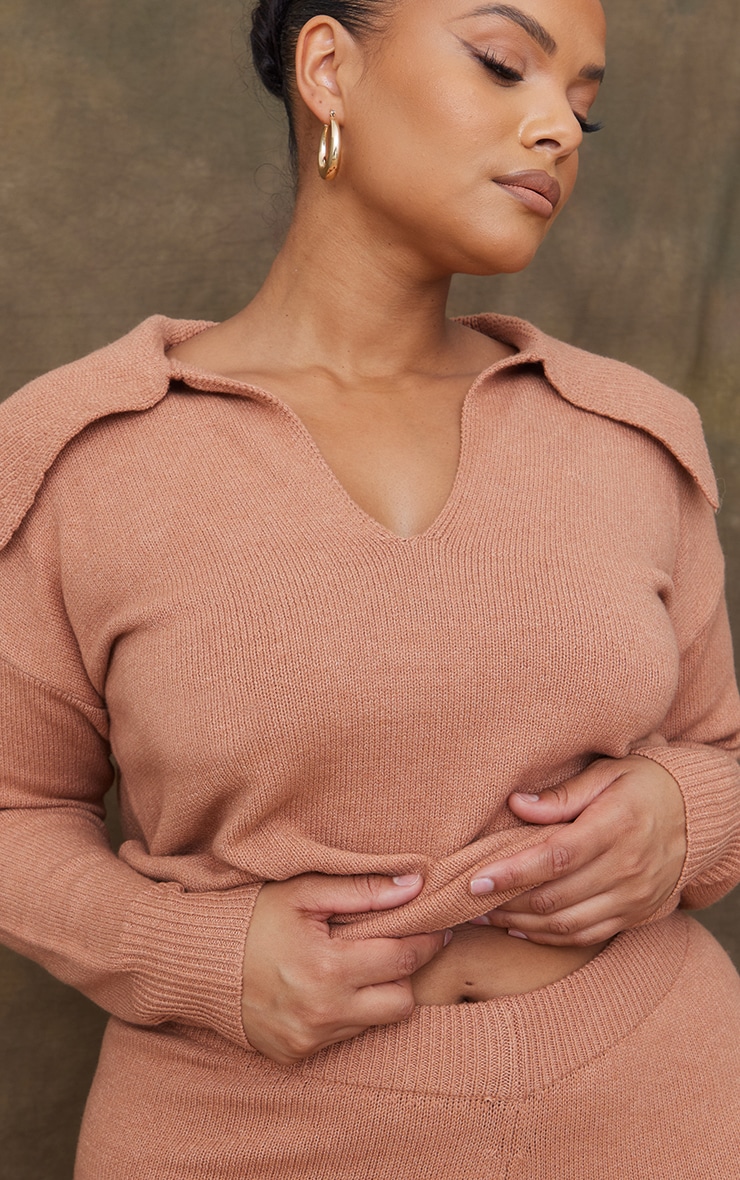 Plus Brown V Neck Collar Sweater image 4