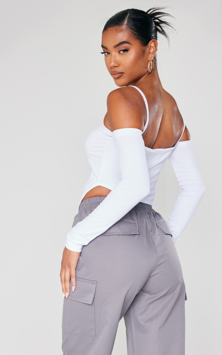 White Jersey Cold Shoulder Asymmetric Strappy Crop Top image 2