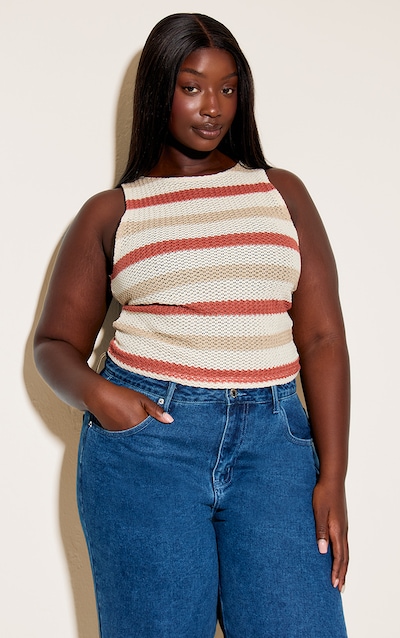 Plus Multi Textured Striped Boat Neck Flute Sleeve Vest Top