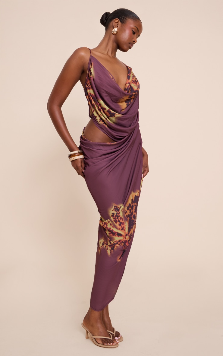 Purple Floral Chiffon Drape Cut Out Midaxi Dress image 1