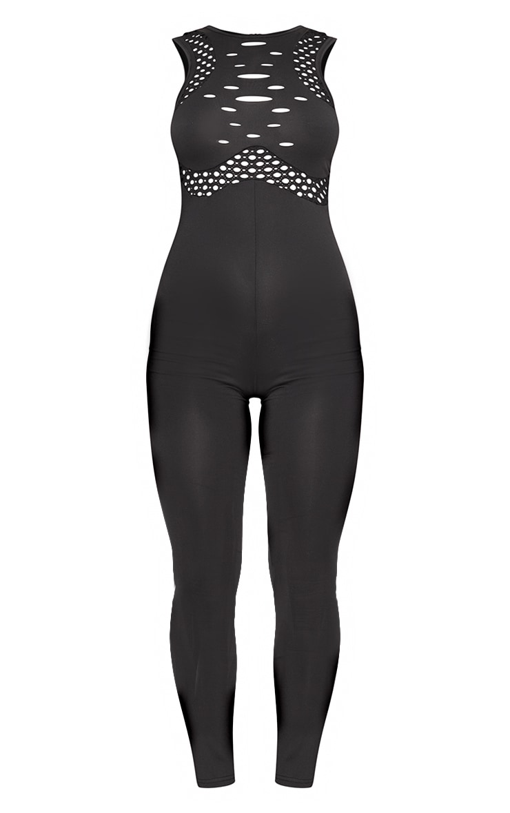 Black Laser Cut Racer Neck Slinky Jumpsuit Dresses PLT QA