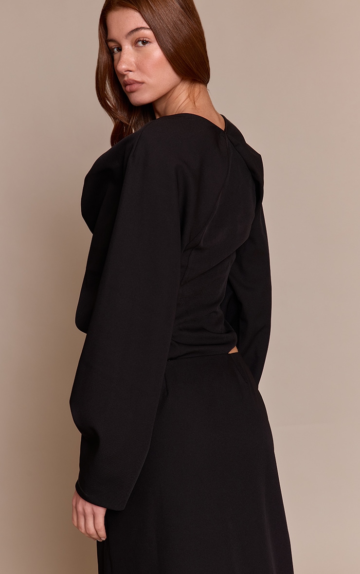 Black Woven Ruched Plunge Long Sleeve Long Top image 2