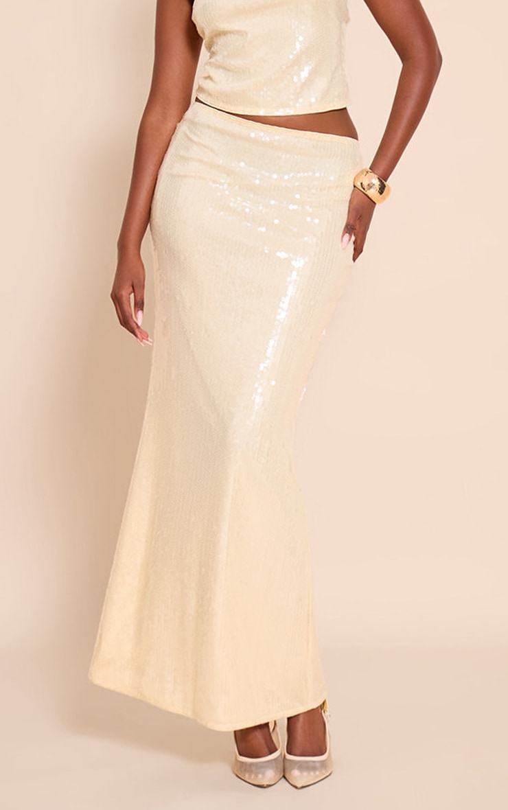 Cream Sequin Low Rise Maxi Skirt image 2