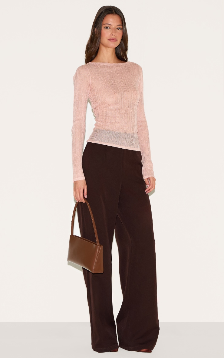 Pink Sheer Knit Long Sleeve Boat Neck Top image 3