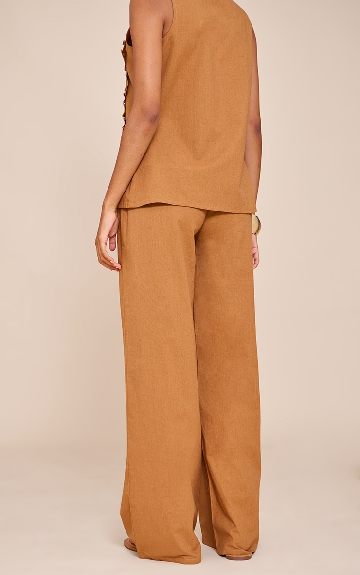 Pantalon large en effet lin marron clair à cordons ajustables image 3