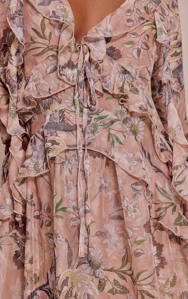 Blush Floral Printed Plunge Extreme Frill Maxi Dress image 4