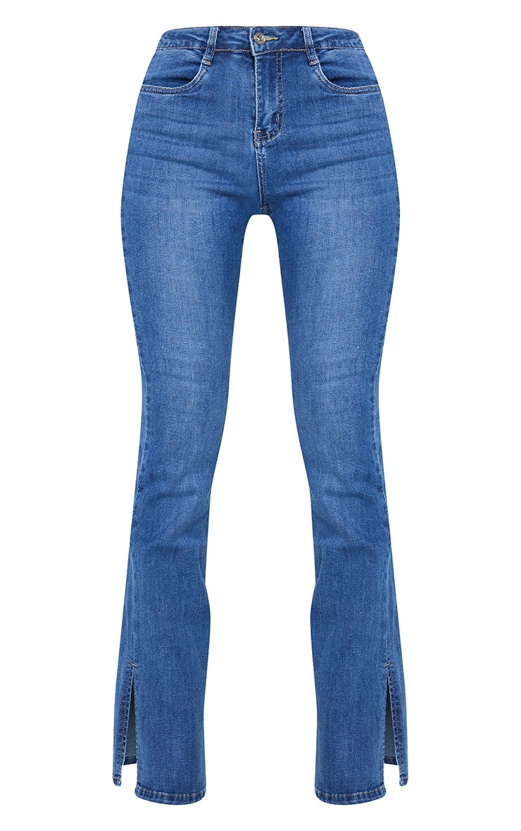 Dark Wash Split Hem Flare Jeans Denim PrettyLittleThing