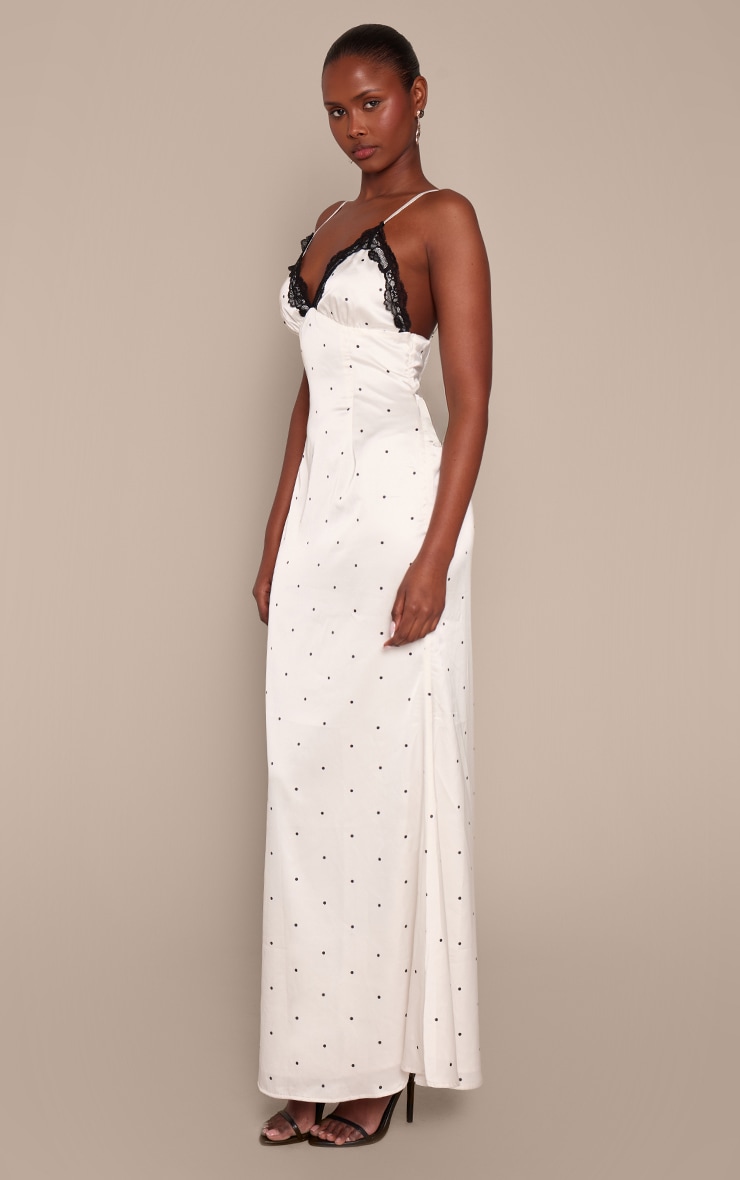 White Satin Polka Dot Lace Cup Maxi Slip Dress image 3
