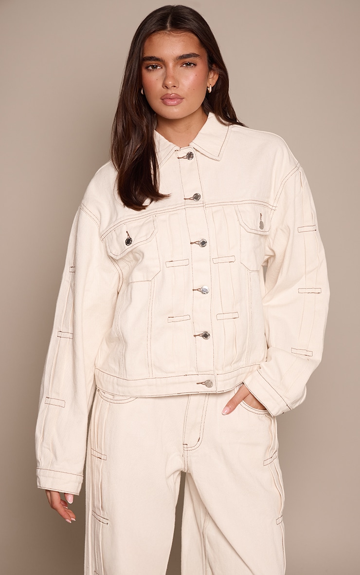 Ecru Pleat Detail Boxy Denim Jacket image 1