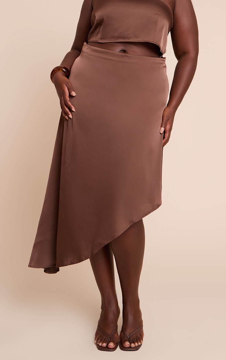 Plus Dark Brown Printed Satin Asymmetric Midi Skirt image 2