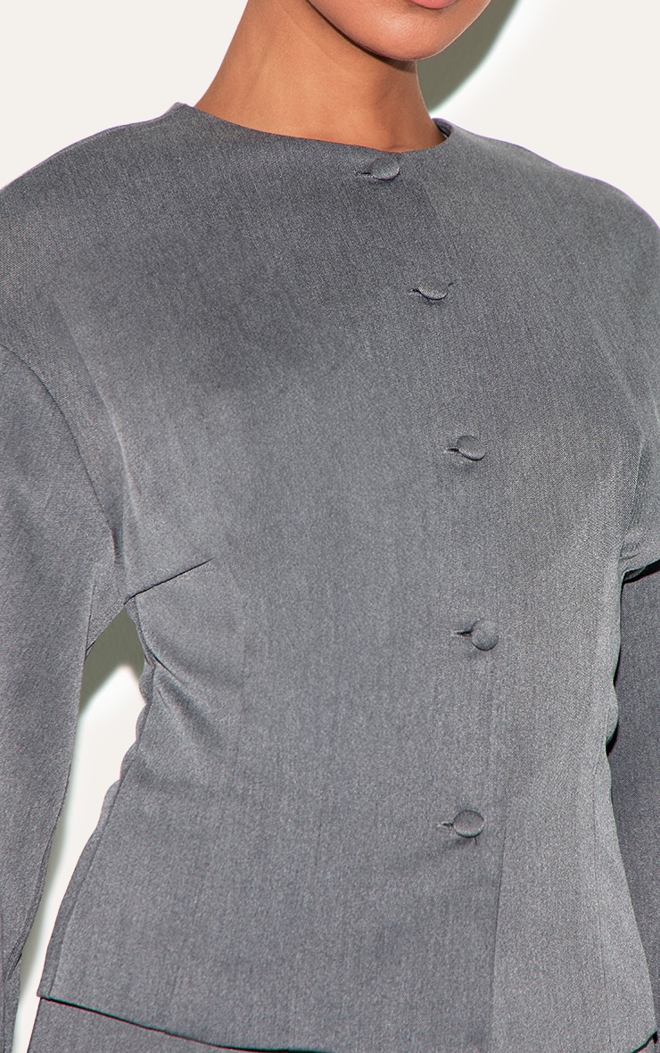 Blazer de tailleur tissé gris anthracite à épaules carrées et manches ballon image 5