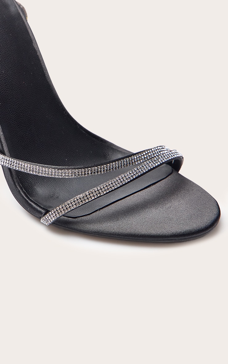 Black Satin Diamante Round Toe Asymmetric High Stiletto Heeled Sandals image 5