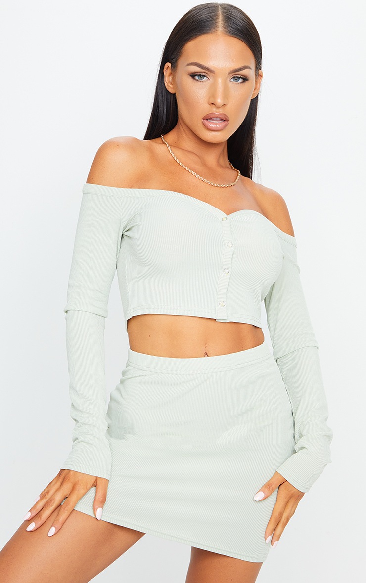 Sage Green Rib Bardot Popper Detail Long Sleeve Crop Top