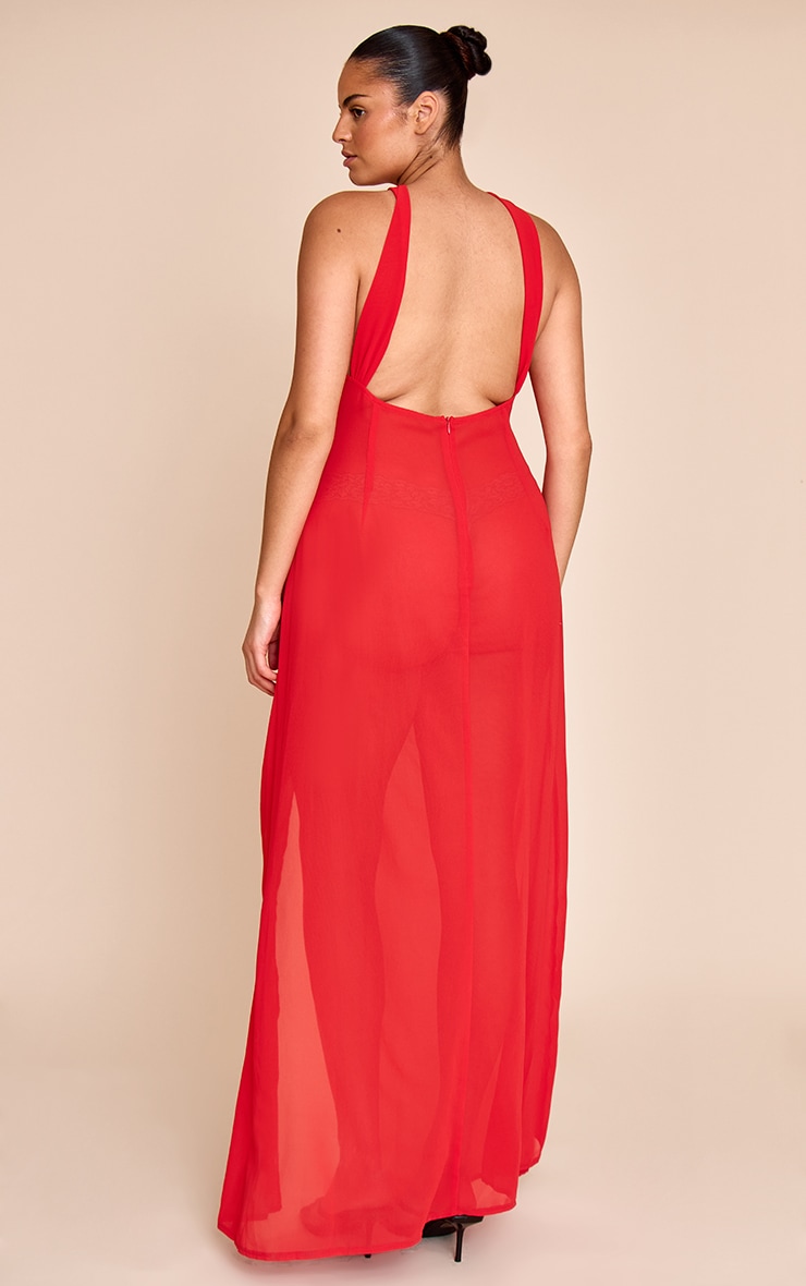 Plus Red Halter Neck Chiffon Maxi Beach Dress image 2
