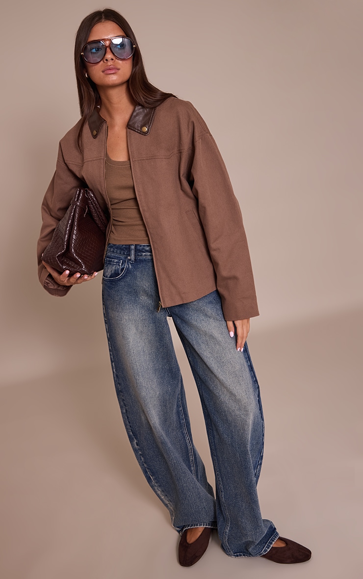 Chocolate PU Collar Twill Oversized Trucker Jacket image 3