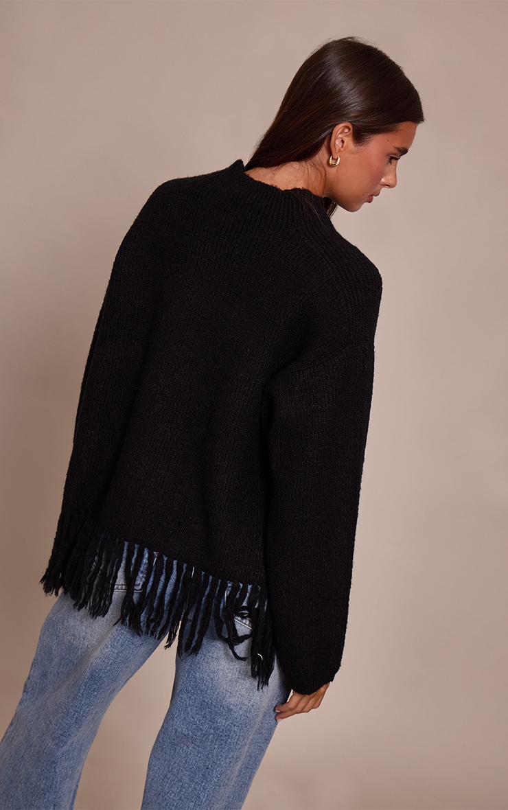 Black Round Neck Fringe Hem Oversized Sweater image 2