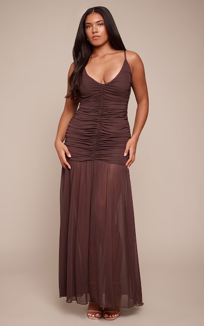 Shape Plum Ruched Front Dropped Hem Maxi Dress