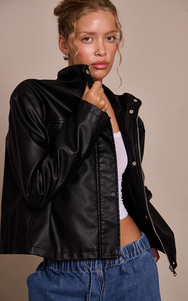 Veste en PU noir à col entonnoir